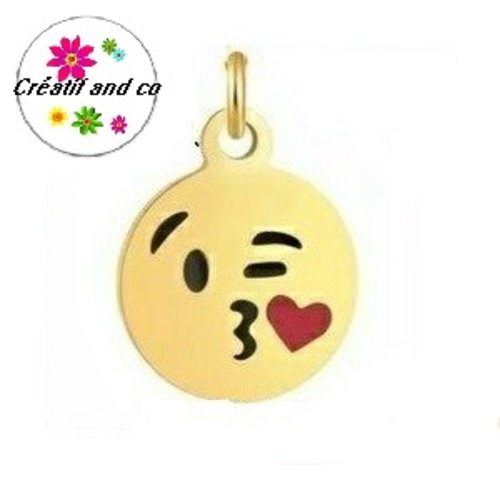 Petit pendentif smiley kiss coeur acier inoxydable doré émaillé