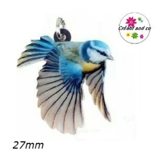 Breloque colibri bleu/gris 27mm