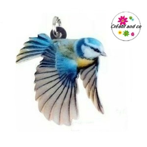 Breloque colibri bleu/gris 27mm