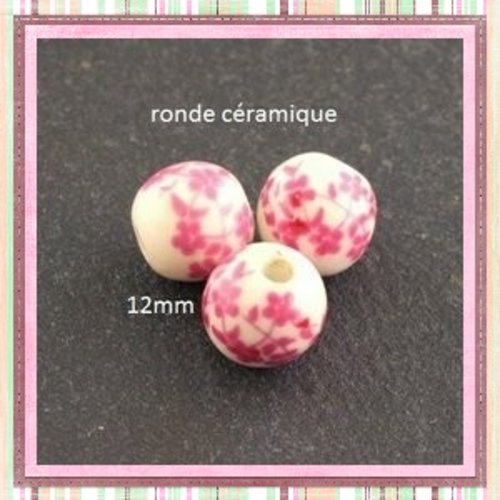 X3 perles fleuries roses céramique 12mm