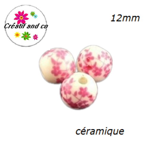 X3 perles fleuries roses céramique 12mm