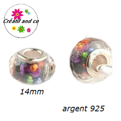 Perle colorée gros trou en acrylique et argent 925