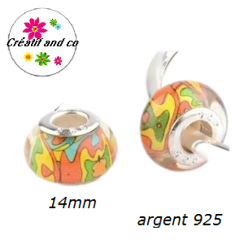 Perle colorée gros trou en acrylique et argent 925