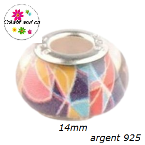 Perle colorée gros trou en acrylique et argent 925