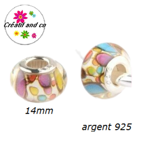 Perle colorée gros trou en acrylique et argent 925