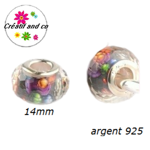 Perle colorée gros trou en acrylique et argent 925