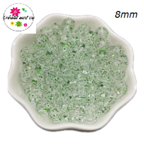 X10 perles rondes acryliques transparentes paillette verte 8mm