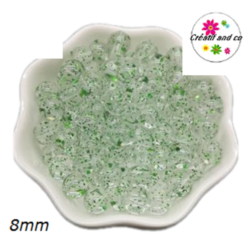 X10 perles rondes acryliques transparentes paillette verte 8mm