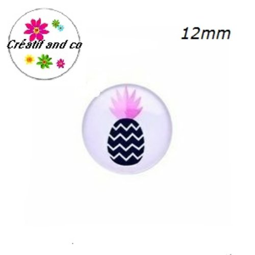 X2 cabochons en verre ananas noir/fuchsia 12mm