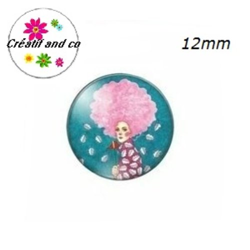 X2 cabochons femme chevelue rose  12mm