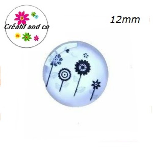 X2 cabochons fleurs noires fond blanc  12mm