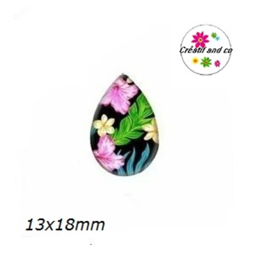 X2 cabochons gouttes fleuris 13x18mm