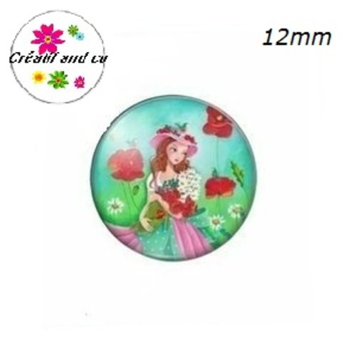 X2 cabochons fille à vélo dans champ de fleurs 12mm