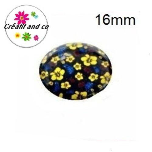 X2 cabochons fleur jaune fond bleu marine 16mm