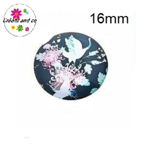 X2 cabochons oiseau fond noir 16mm
