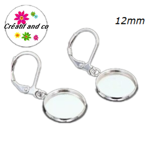 Boucle d'oreille pendante argentée pour cabochon 12mm