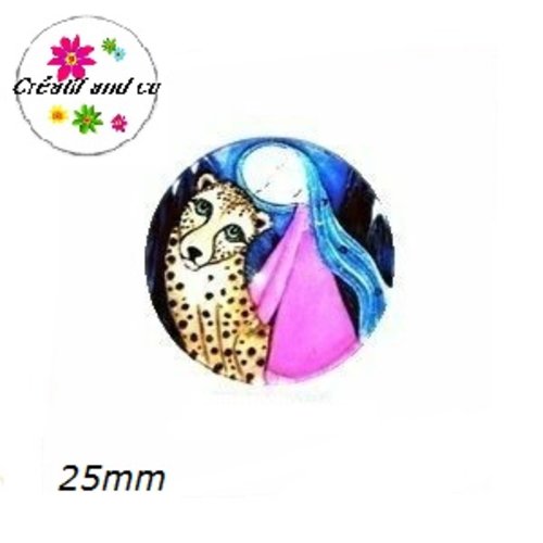 Cabochon en verre fille et son guépard 25mm