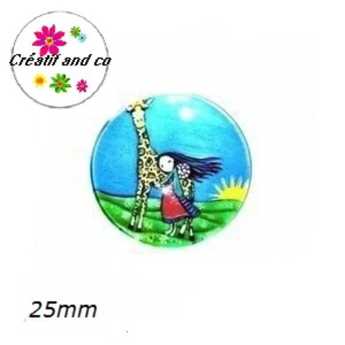 Cabochon en verre fille et sa girafe 25mm