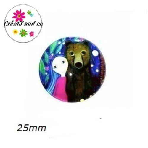 Cabochon en verre fille et son ours 25mm