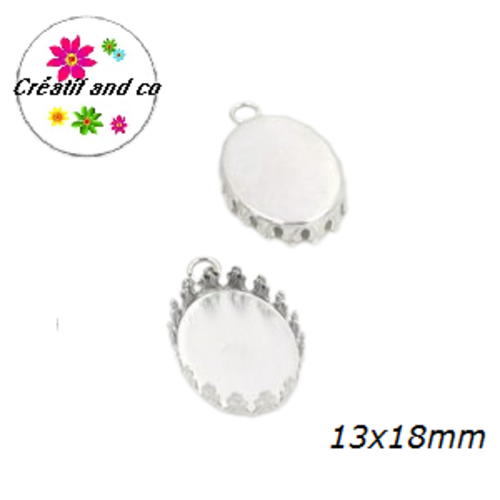 X2 pendentifs oval argentés bord dentelés 13x18mm