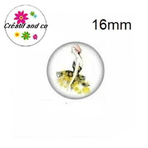 X2 cabochons femme mannequin robe noire/jaune 16mm