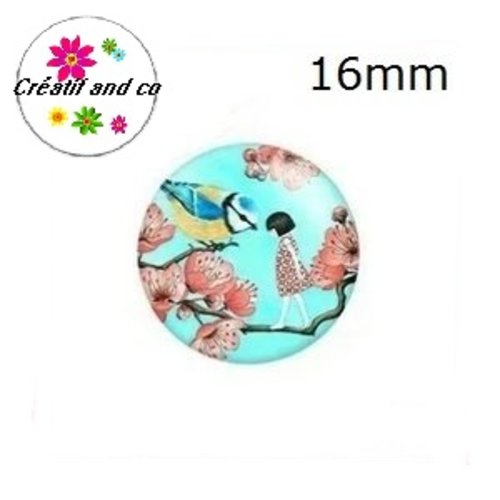 X2 cabochons fille sur sa branche et oiseau 16mm