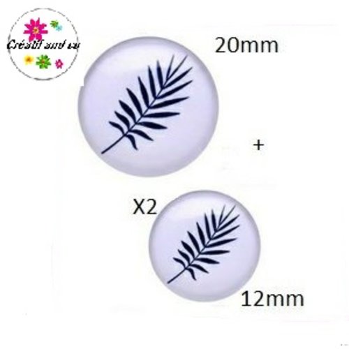Lot cabochon feuille noire fond blanc  20mm et 2 cabochons 12mm
