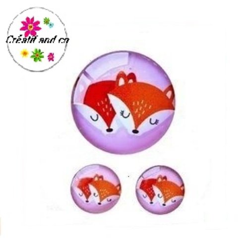 Lot cabochon duo de tête de renard fond fuschia  20mm et 2 cabochons 12mm