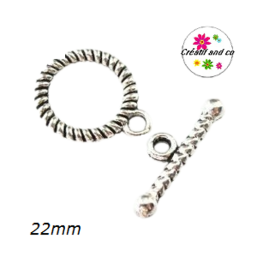 Fermoir toggle rond torsadé métal argenté 22mm