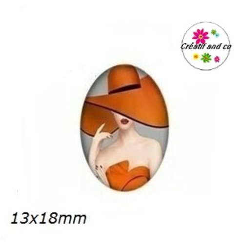 X2 cabochons ovales visage femme chapeautée 13x18mm