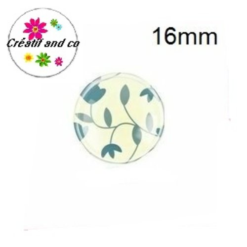 Cabochon fleur bleue/grise fond beige 16mm