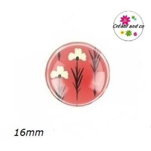 Cabochon fleurs beiges fond rouge 16mm