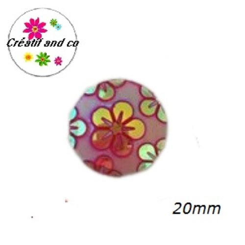 Cabochon motif fleur fuchsia résine 20mm