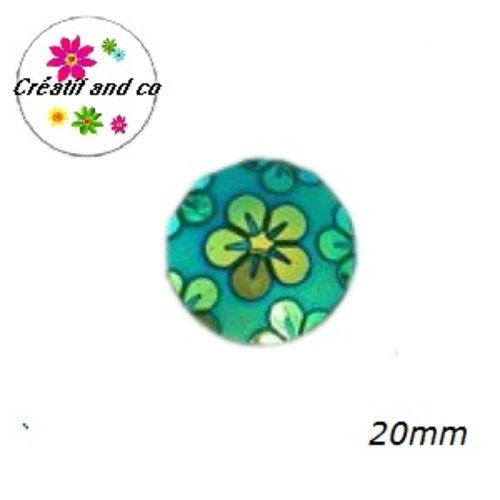 Cabochon motif fleur verte résine 20mm