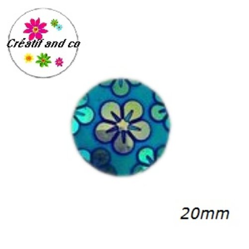 Cabochon motif fleur bleu roi résine 20mm