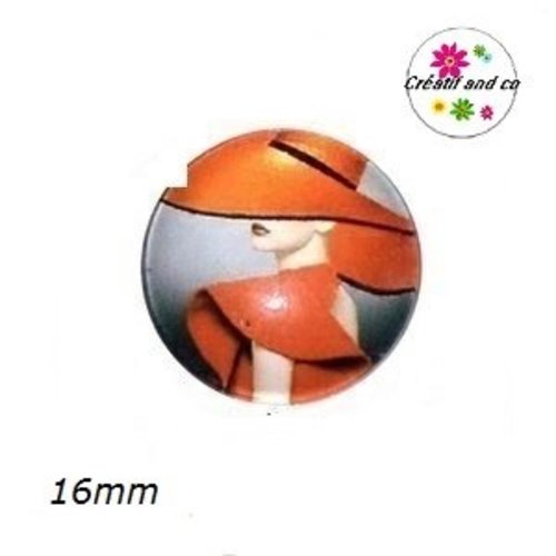 X2 cabochons femme chapeautée orange 16mm