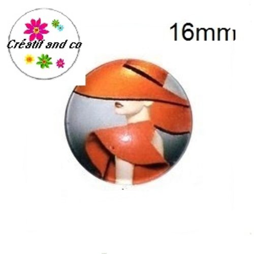 X2 cabochons femme chapeautée orange 16mm
