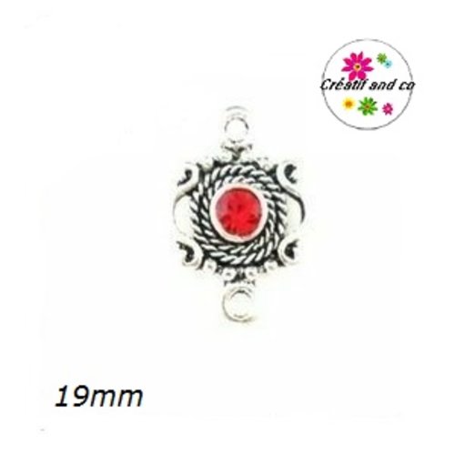 Connecteur rétro argent tibétain strass central rouge 19mm
