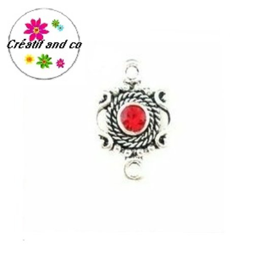 Connecteur rétro argent tibétain strass central rouge 19mm