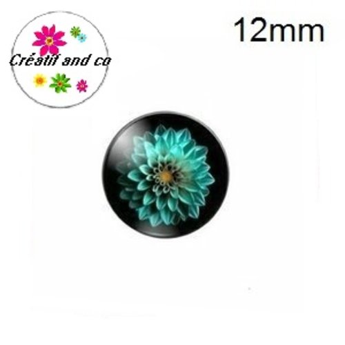 X2 cabochons fleur verte fond noir 12mm