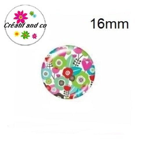 X2 cabochons fleuris multi couleur 16mm