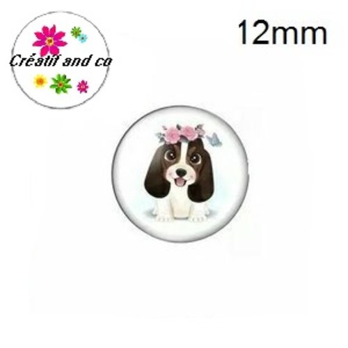 X2 cabochons petit chien et sa couronne de fleur 12mm