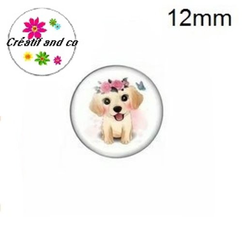 X2 cabochons petit chien et sa couronne de fleur 12mm