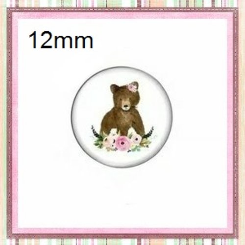 X2 cabochons ours et sa couronne de fleur 12mm