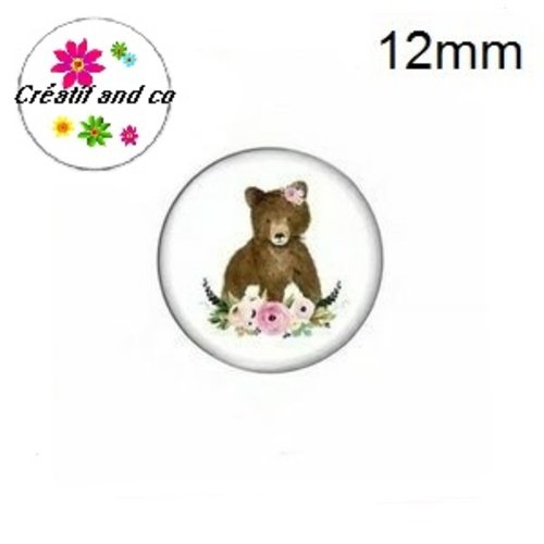 X2 cabochons ours et sa couronne de fleur 12mm
