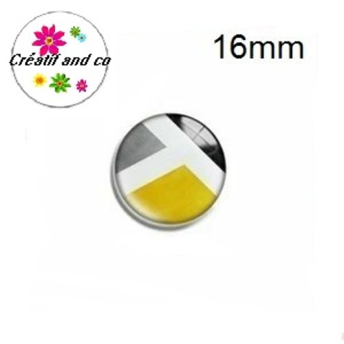 X2 cabochons motif géomètrique jaune,gris,blanc et noir 16mm
