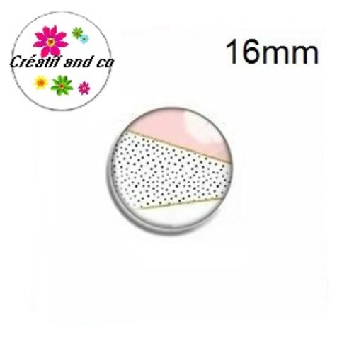 X2 cabochons motif géomètrique rose,noir et blanc 16mm