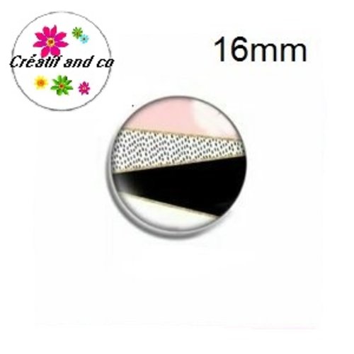 X2 cabochons motif géomètrique rose,noir et blanc 16mm