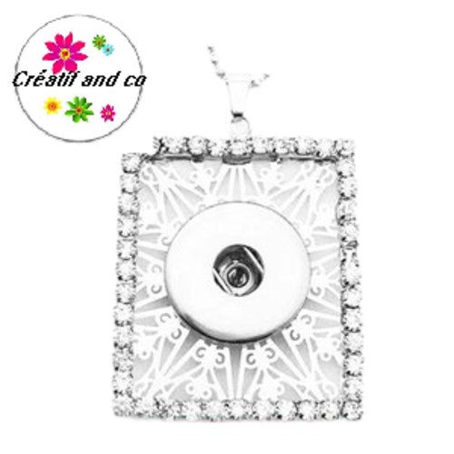 Collier pendentifcarré contour strass  pour bouton pression