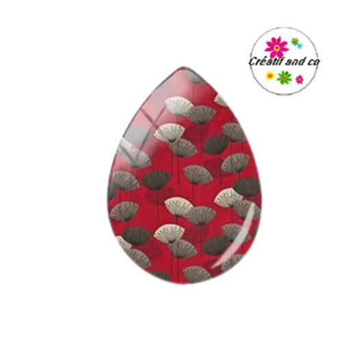 Cabochon goutte fleur fond rouge 18x25mm